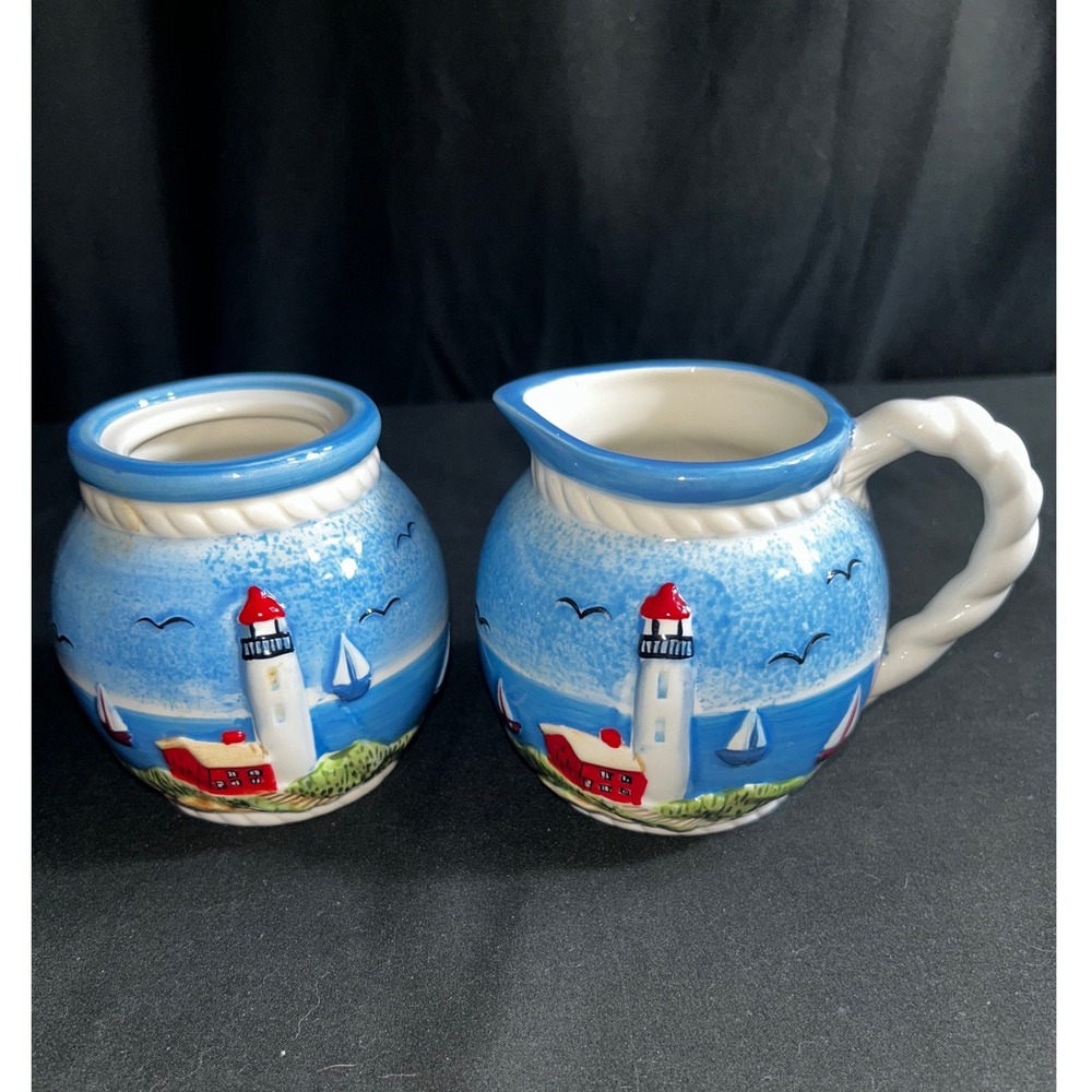 Casa Vero by ACK Hand Painted Ceramic Lighthouse Creamer and Sugar‎ Bowl no lid
